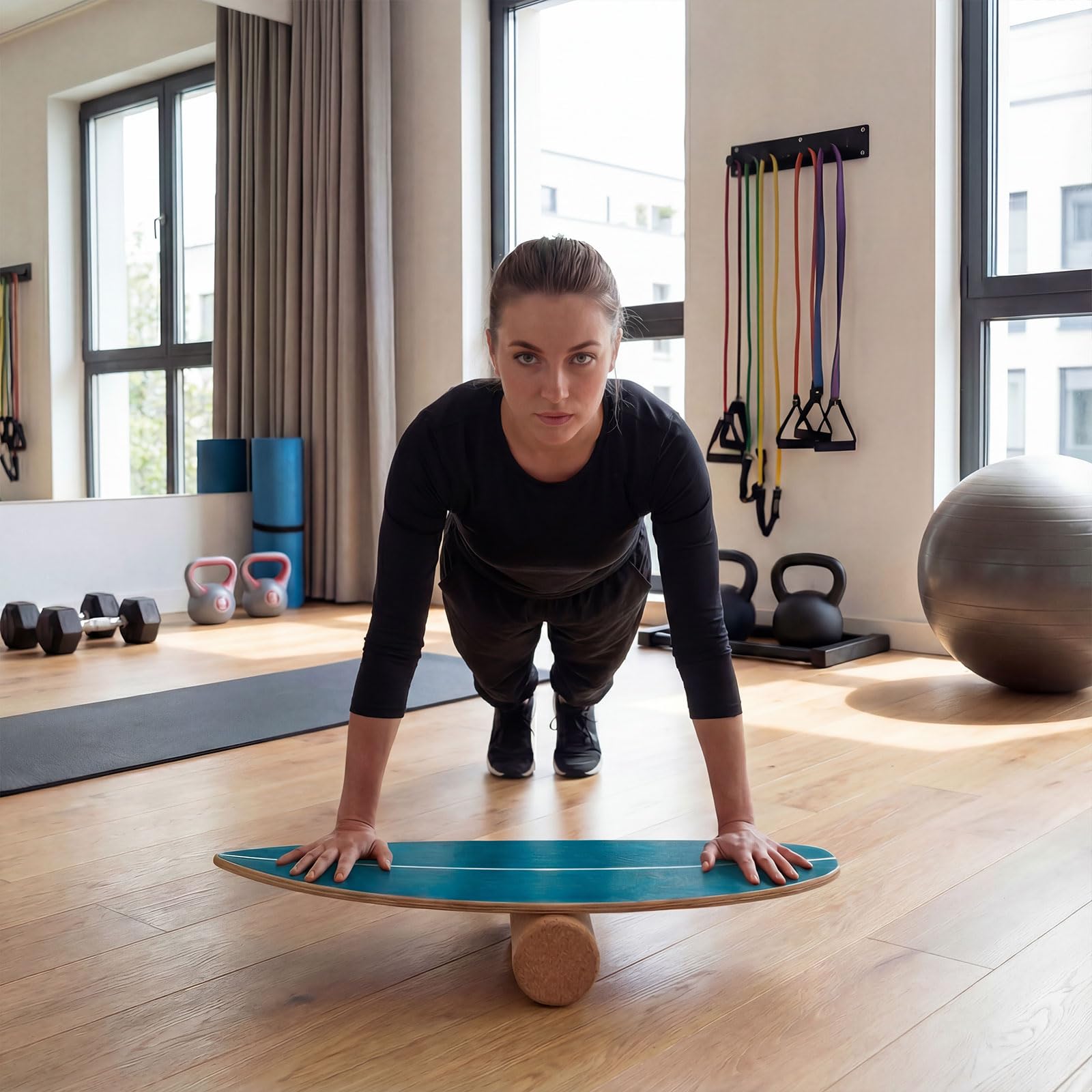 FANTASK Balance Board aus Birkenholz, FSC-zertifiziertes Wackelbrett mit Korkrolle & Halterung, Gleichgewichtstrainer für Erwachsene, Surfboard indoor, 150 kg Belastbar