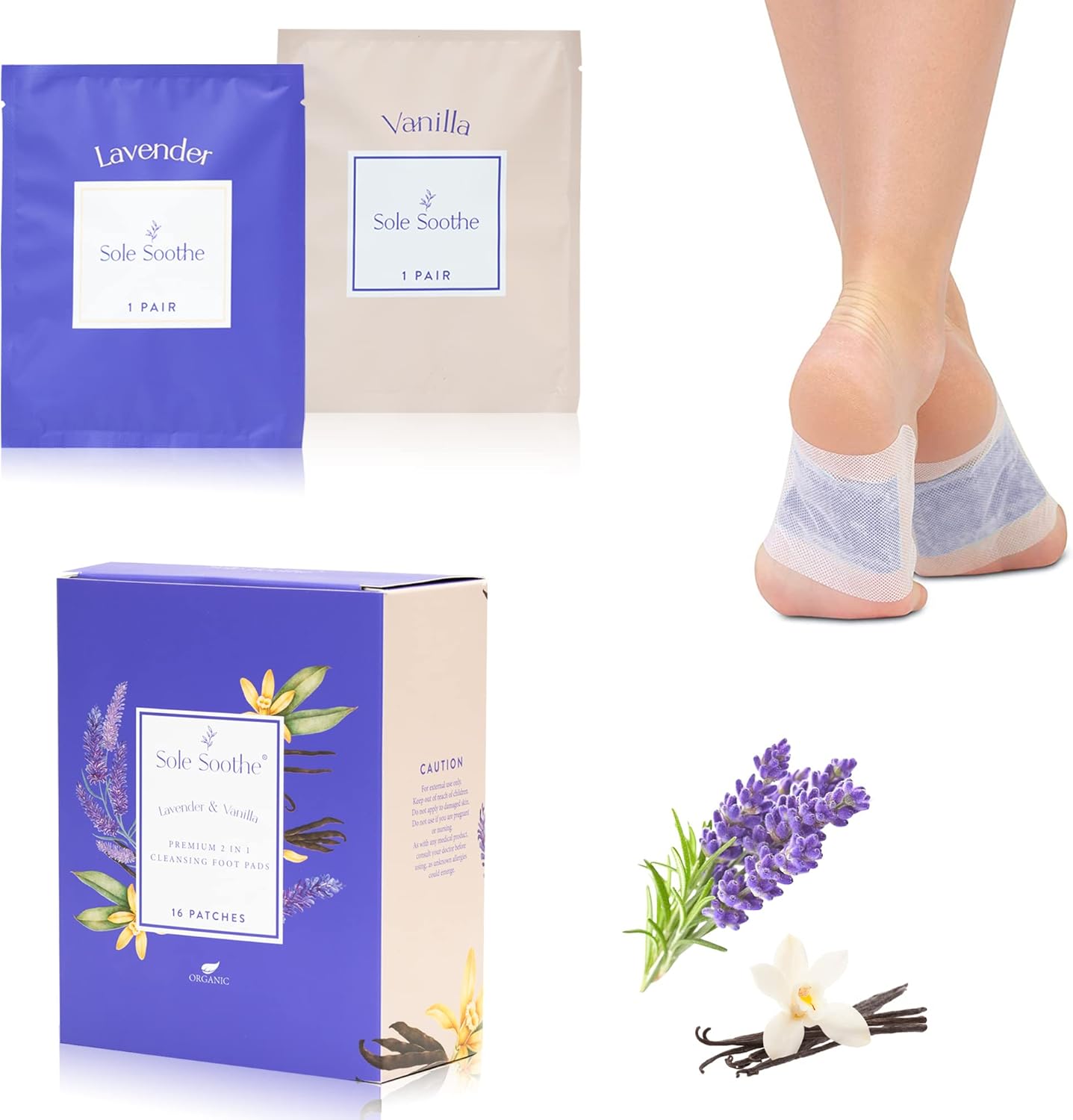 Foot Pads – Box of 16 Premium Foot Patches with Bamboo Vinegar – 8 Pure Lavender, 8 Vanilla Scent – All Natural Pads