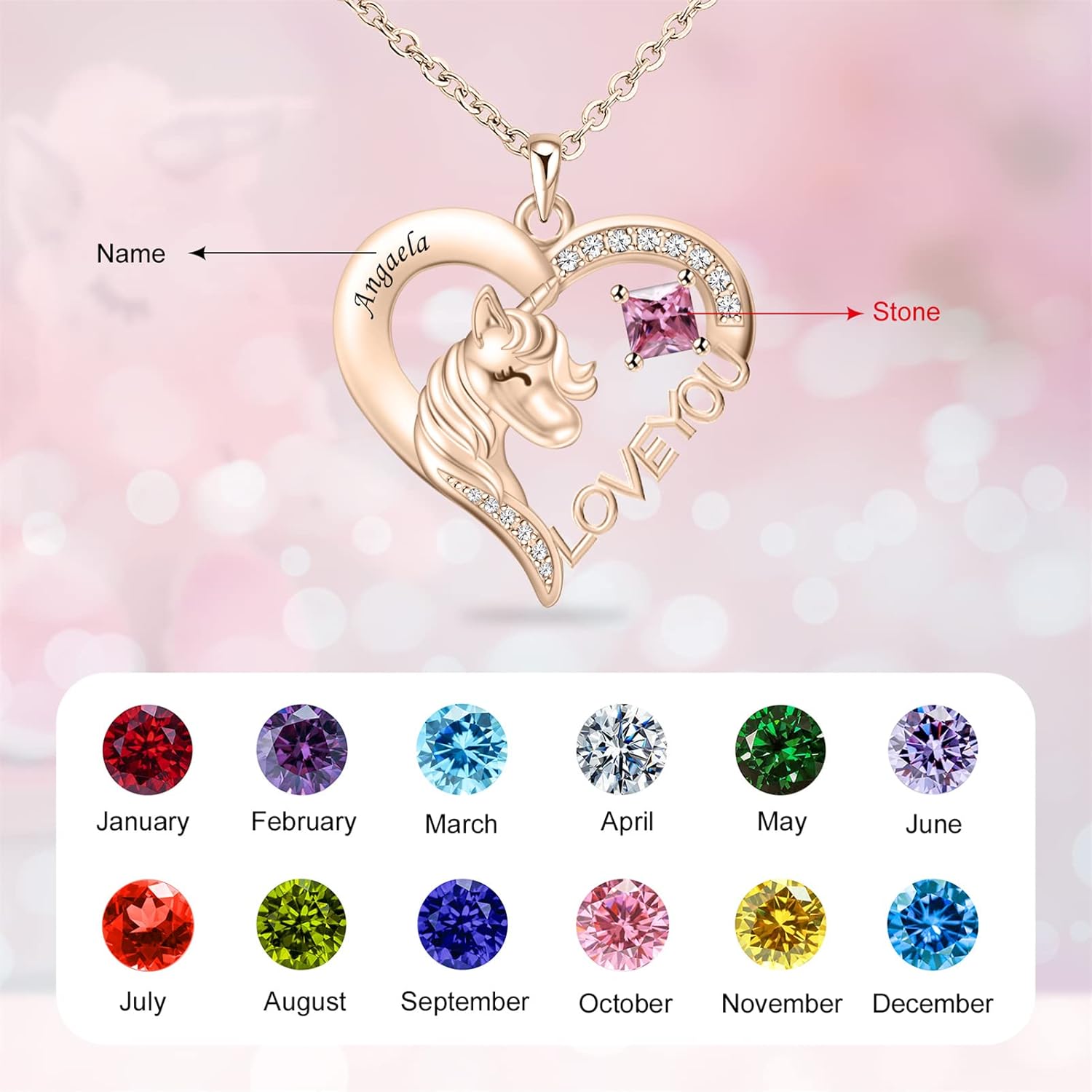 BAUMA AUTO Personalized Unicorn Necklace Engraved Name Pendant Necklace Crystal Heart Pendant Necklace Unicorn Jewelry Gift for Cute little Angel,Women