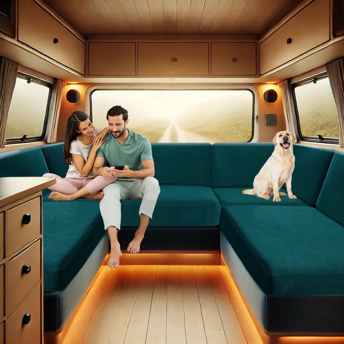 ZYBSLCSY Rv Dinette Cushions Covers, Stretch Jacquard Caravan Seat Covers with 2 Straps, Sofa Seat Cushion Cover for Camper Car Bench (Teal,1 Seater)