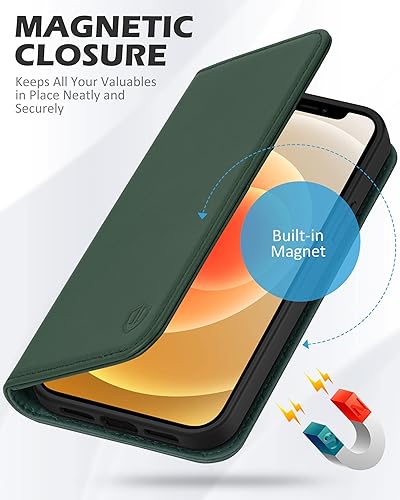 Miniatura 4 de SHIELDON - Funda para iPhone 1212 Pro, cuero genuino, cubierta magnética, tarjetero con bloqueo RFID, kickstand, funda protectora a prueba de