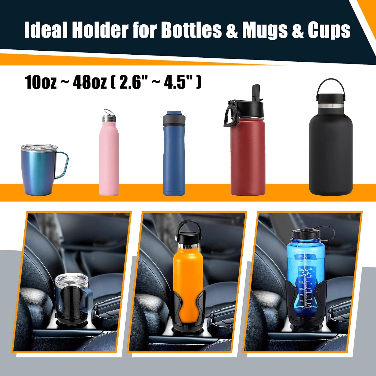 Veharvim Car Cup Holder Expander for Car (Adjustable Adapter and Holder), Compatible with Hydro Flask, Yeti, Nalgene 10~50 oz. Other Bottles in 2.6"- 4.5", Universal for Cylindrical Car Cup Holder