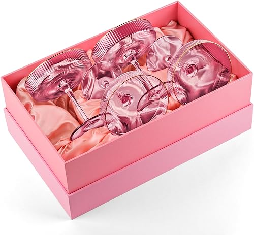 Miniatura 4 de GLASSIQUE CADEAU Vasos vintage Art Deco Blush Pink Coupé con bordes dorados  Juego de 4  Cristalería de cóctel acanalada de cristal de 7 onzas para