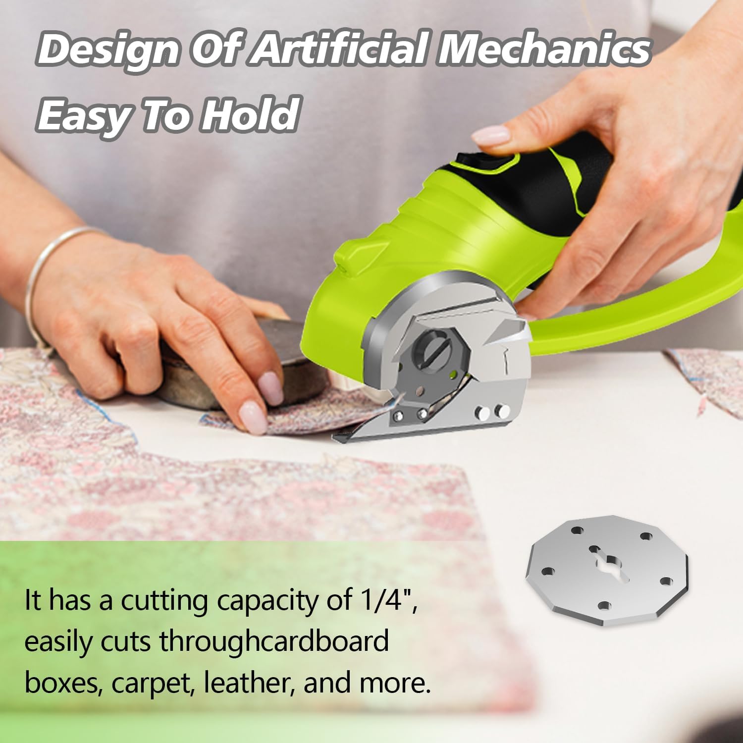 Cordless Electric Scissors, 4V Rechargeable Box Cutter & Cardboard Cutter with Titanium Blade, LED Light, Safety Lock - Rotary Cutter for Fabric, Leather, Carpet, Plastic, Crafting, Sewing (Green)