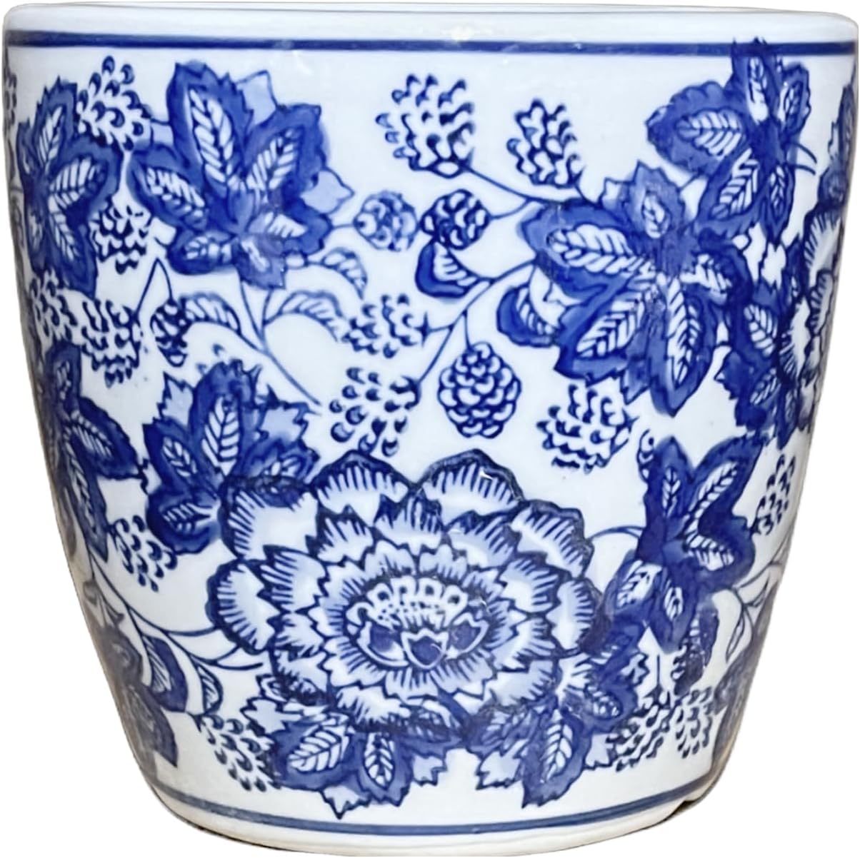 8" D Beautiful Oriental Peonies Flowers & Leaves Blue & White Ceramic Planter Pot