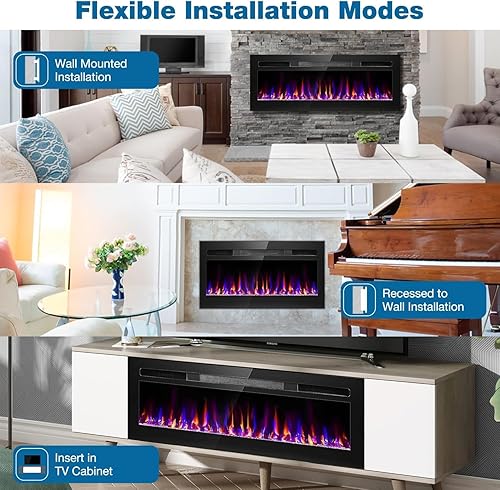 Miniatura 7 de Chimenea eléctrica de 68 pulgadas empotrada y montada en la pared, calentador de chimenea y chimenea lineal, chimenea eléctrica ultrafina, bajo