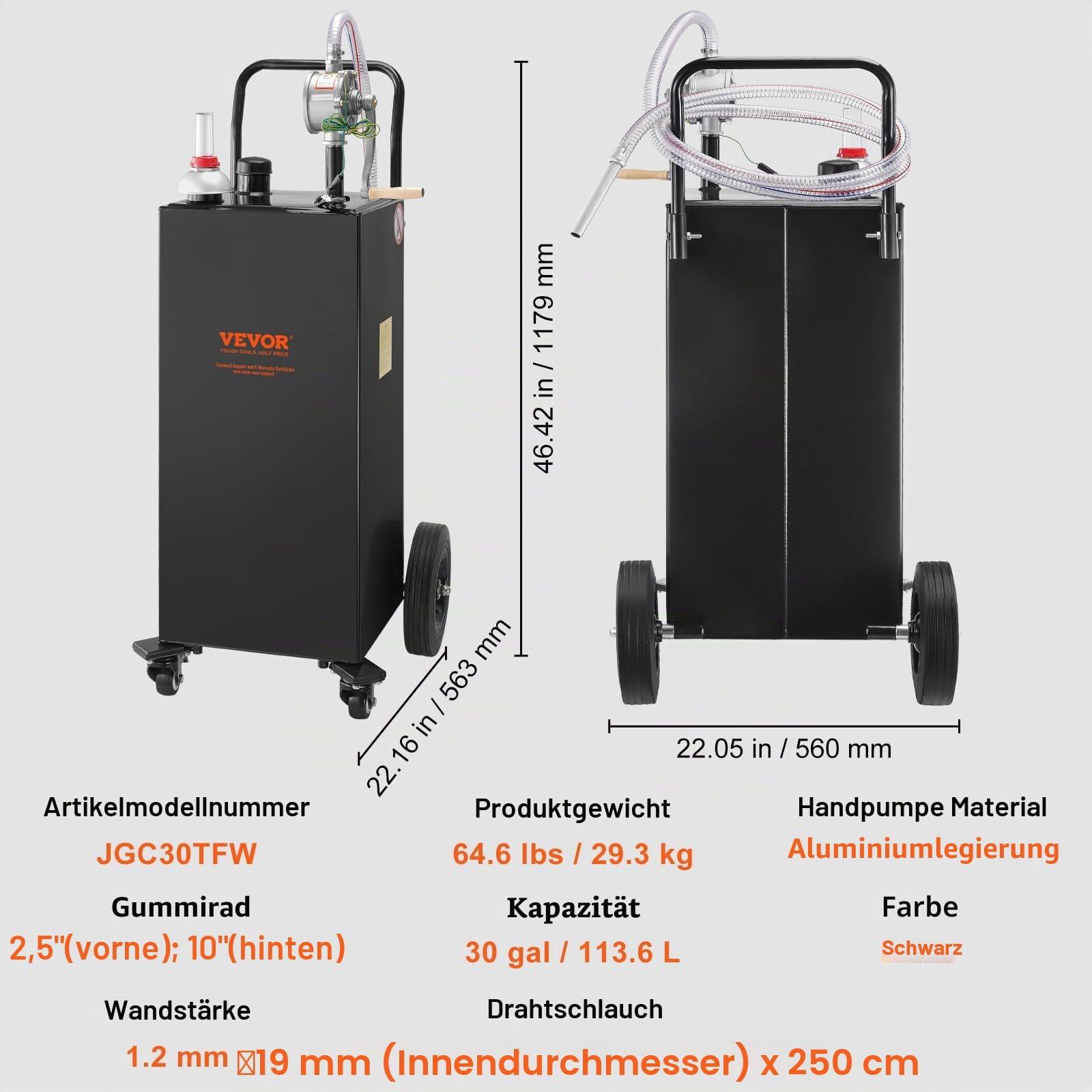 VEVOR 30-Gallonen-Kraftstofftrolley, Gaskraftstofftankbehälter 4 Räder, mit manueller Transferpumpe, Benzin-Diesel-Kraftstoffbehälter für Autos, Rasenmäher, Geländefahrzeuge, Boote usw., Schwarz