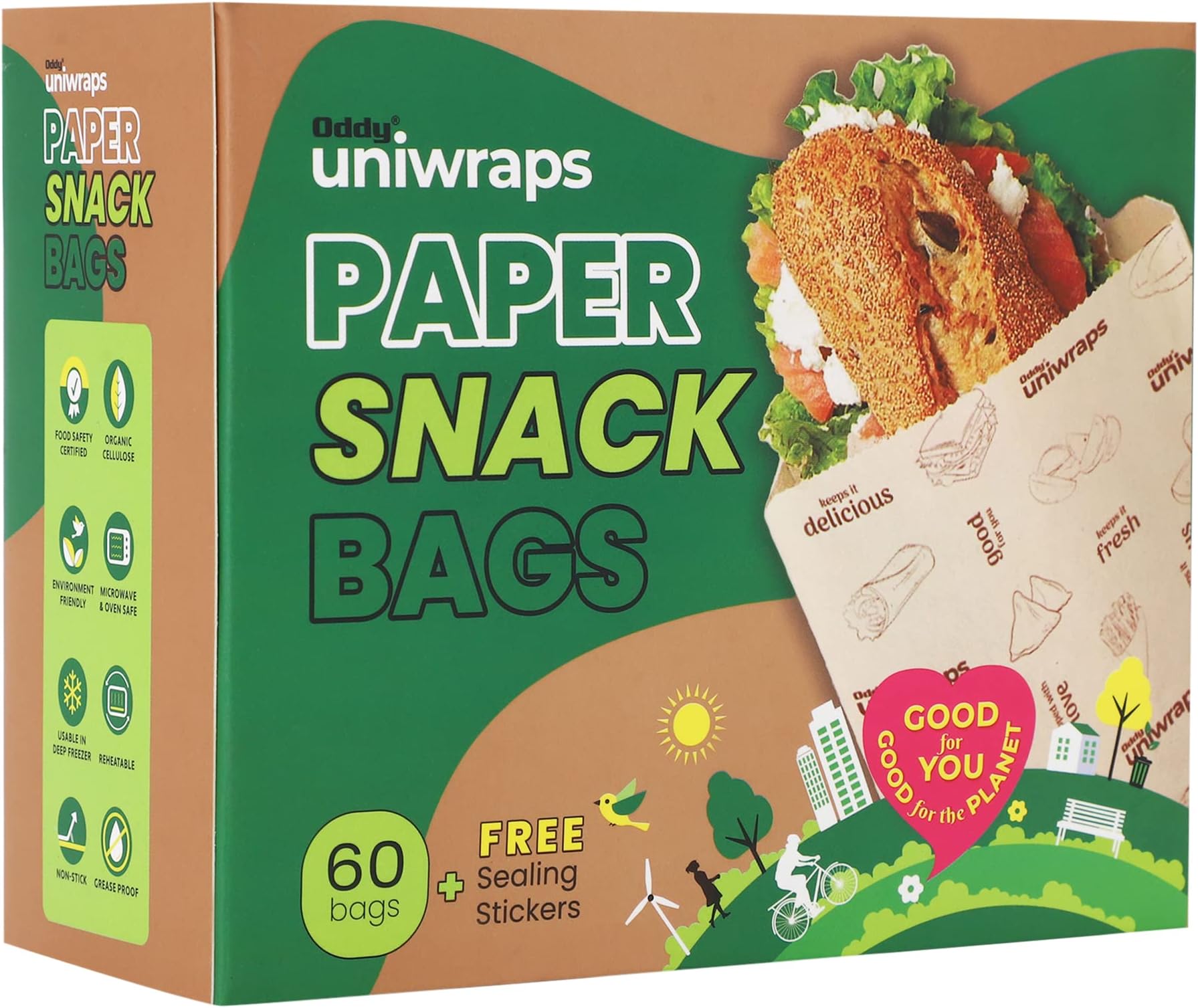 Oddy Uniwraps Multi-Purpose Snack Bags With Sealing Stickers | Pack of 60 Bags, 8x5.5 Inch each