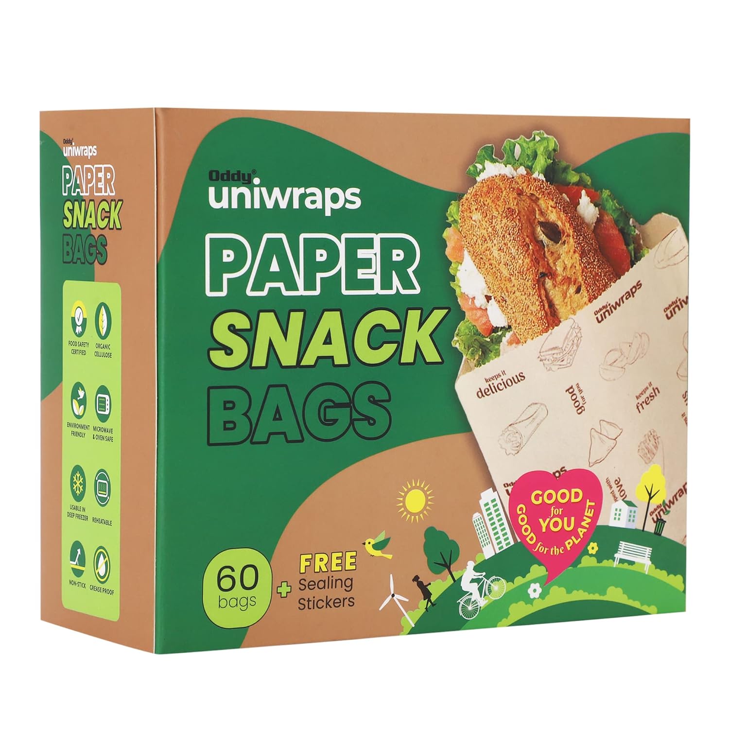 Oddy Uniwraps Multi-Purpose Paper Snack Bags with Sealing Stickers | Pack of 60 Bags, 8×5.5 Inch Each Oddy Uniwraps Multi-Purpose Paper Snack Bags with Sealing Stickers | Pack of 60 Bags, 8×5.5 Inch Each