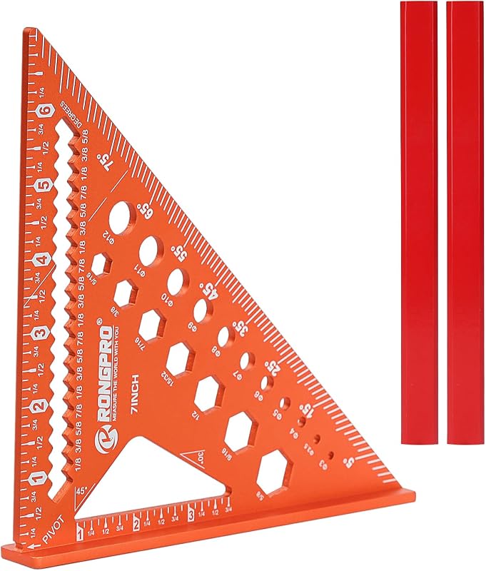 6-in-1 Carpenter Square 7 inch, Aluminum Rafter Square, Multi-Purpose Carpenter Tools : Wrench, Square, Protractor, Ruler,Marking Gauge, Drill Gauge, Includes 2pcs Carpentry Pencil