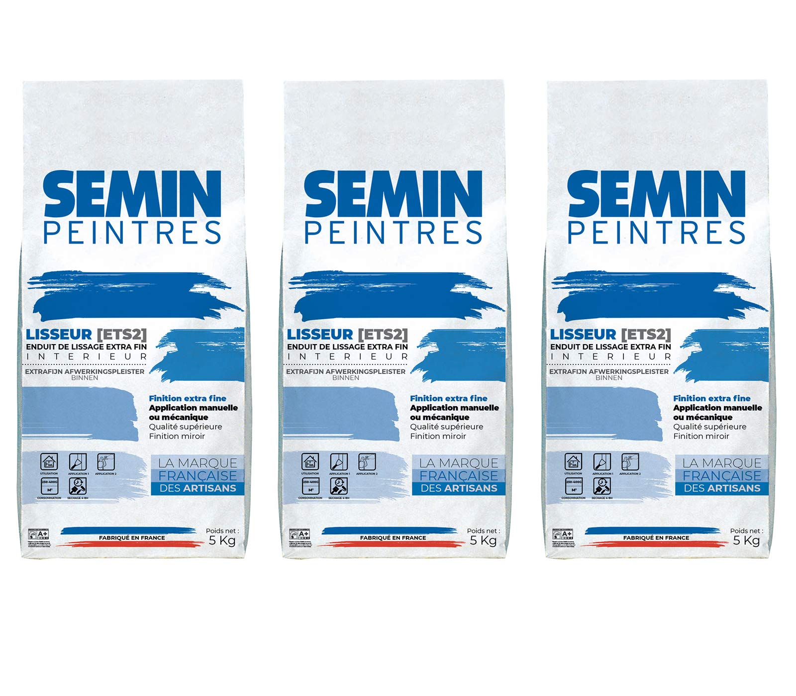 SEMIN LISSEUR Enduit de Lissage Extra Fin en Poudre 5 kg – Finition Murs et Plafonds Intérieur – Avant Peinture et Papier Peint - Fabriqué en France -Lot de 3