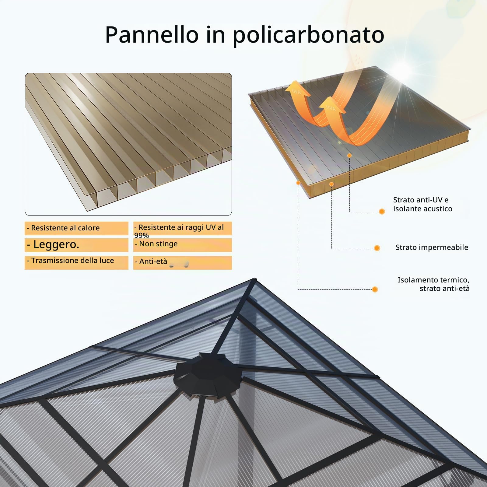 JUMMICO Padiglione da Giardino 3x3m in Alluminio con Tetto Fisso - Design per Ombreggiatura di Giorno e Atmosfera Luminosa di Sera - Stabile e Resistente alle Intemperie