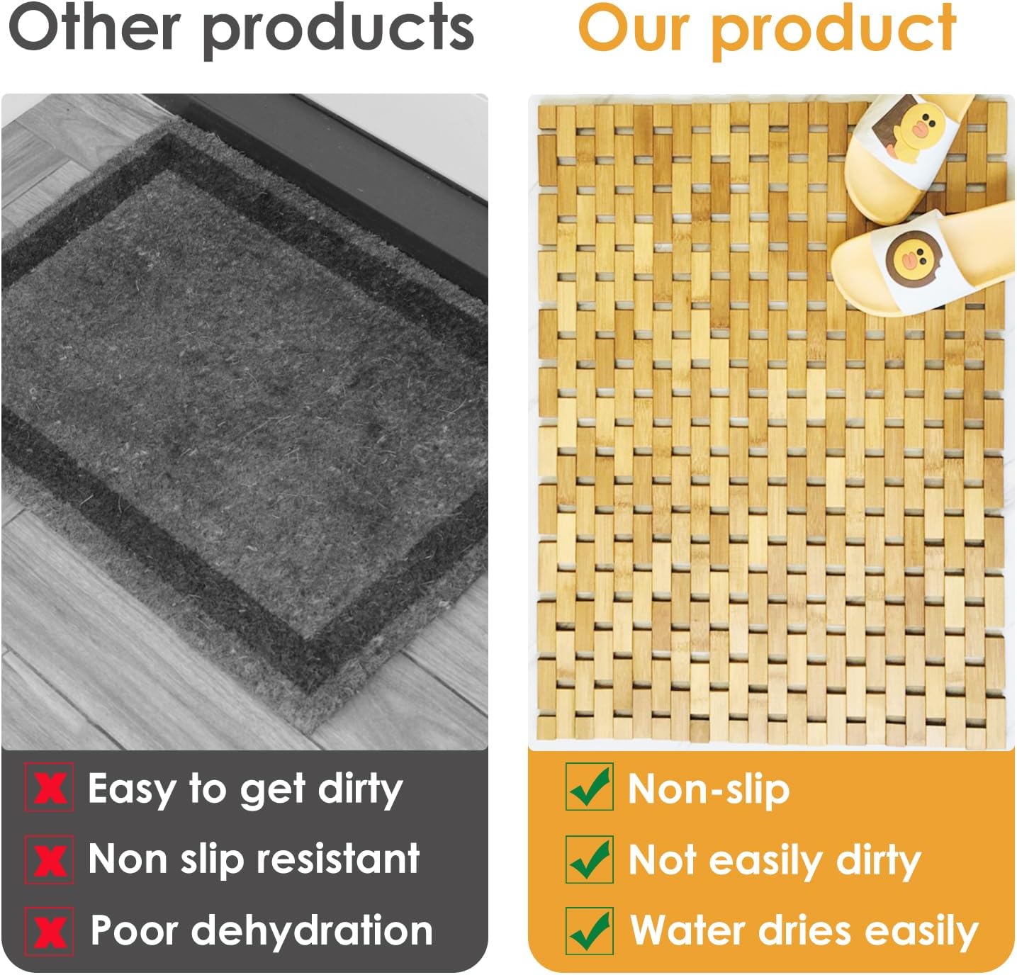 Bamboo Bath Mat with Anti Slip Pads,19.7x27.6 inches Bathroom Shower and Bathtub Floor Mats,Non Slip Water Proof Mat,Indoor Outdoor Use for Kitchen Bedroom Bathroom Toilet Pet Mat Floor Rug