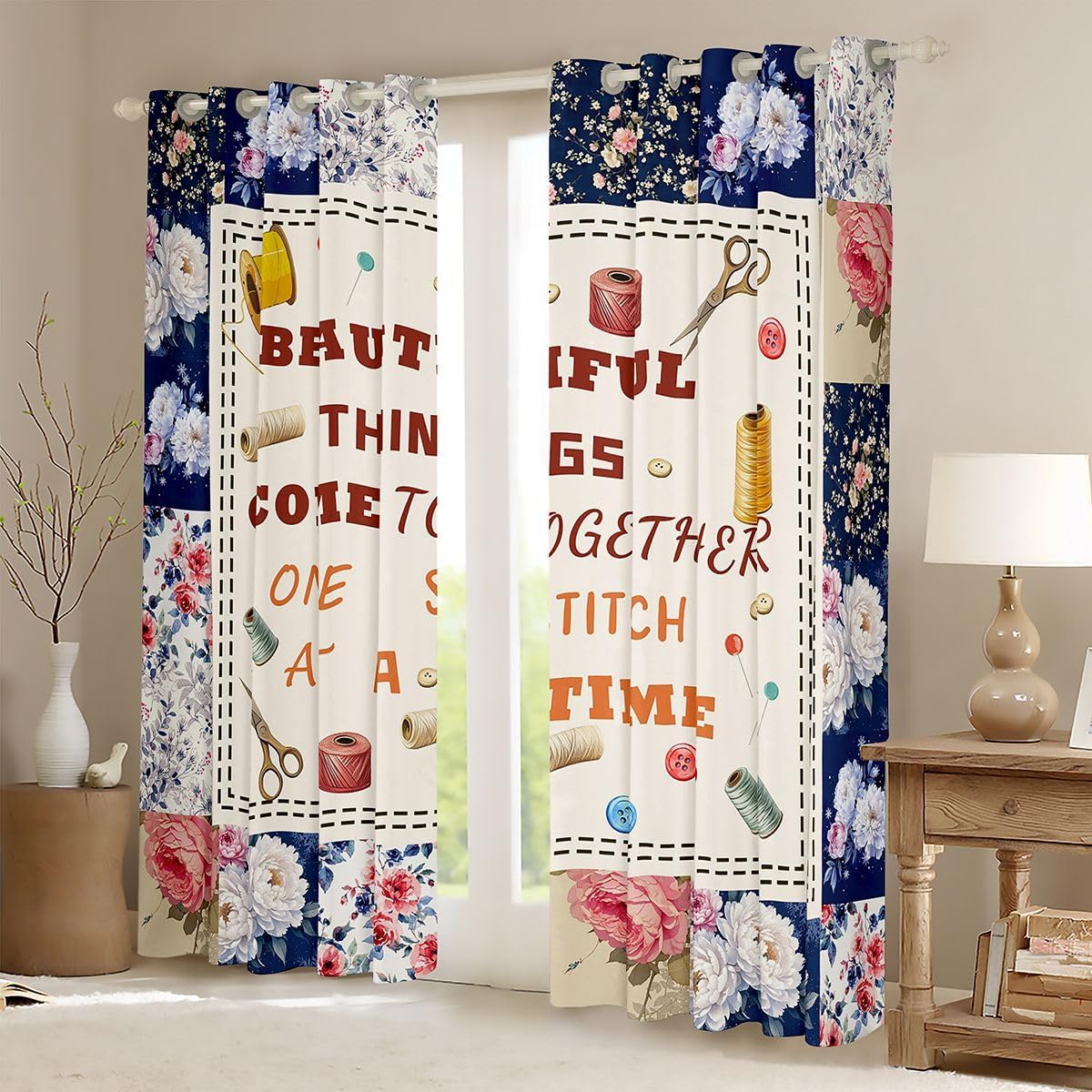 Castle Fairy Sewing Lovers Window Curtain | Vintage Floral Grid Blackout Curtains Kids Bedroom Decor,Boho Stitch Patchwork Plaid 100% Light Blocking Drapes Sewing Quotes Living Room 2 Panels,38Wx45L