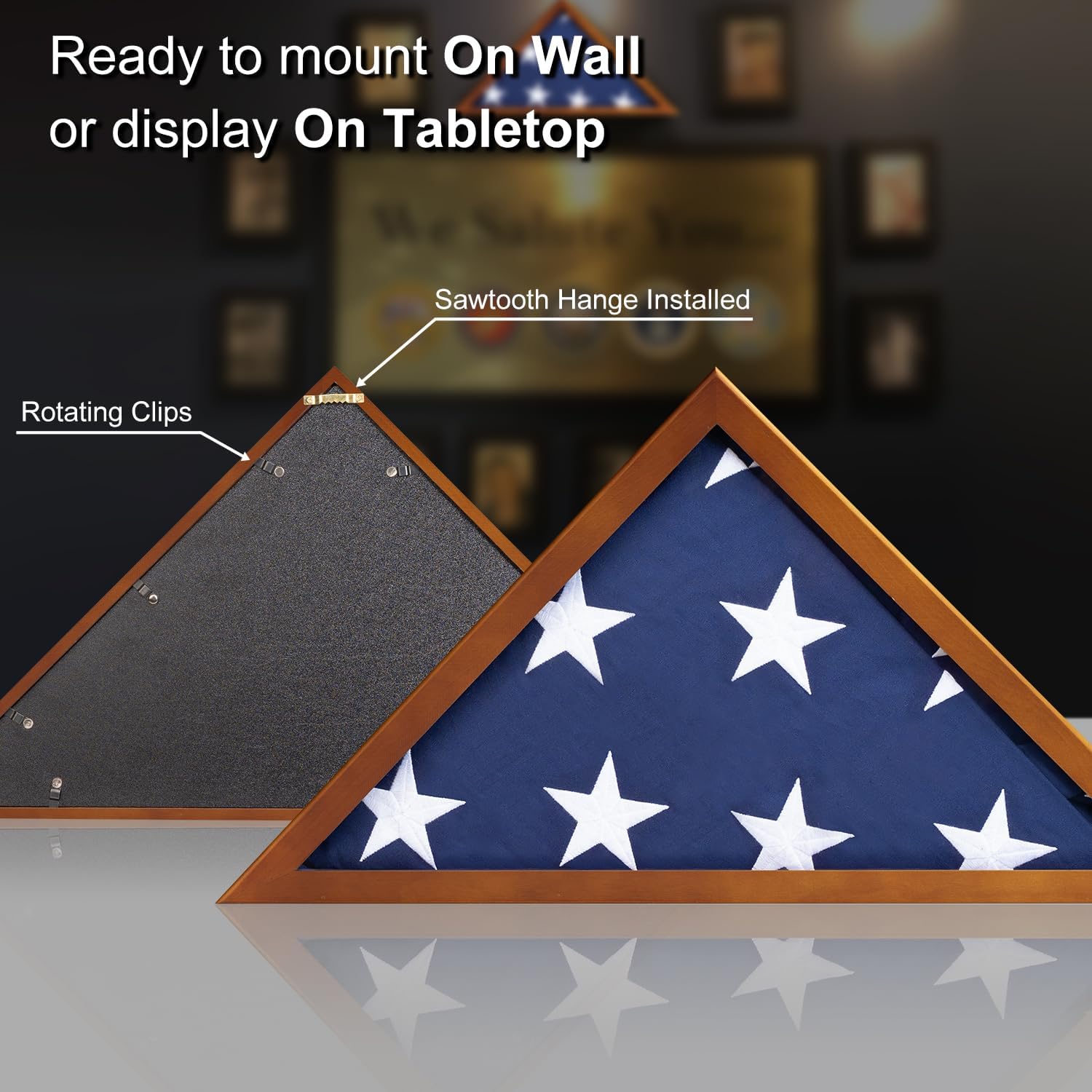 Flag Display Case for 5x9.5 ft American Veteran Burial Flag, Brown Wooden Frame Case Set, Triangle Solid Shadow Box with Wall Mount and Acrylic Front