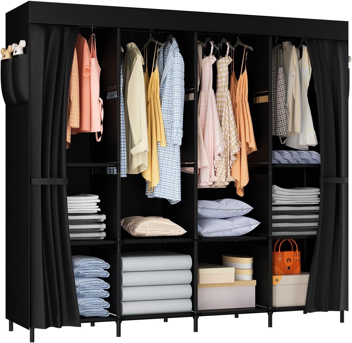 Fully assembled LOEFME Portable Closet with clothes and folded items inside.