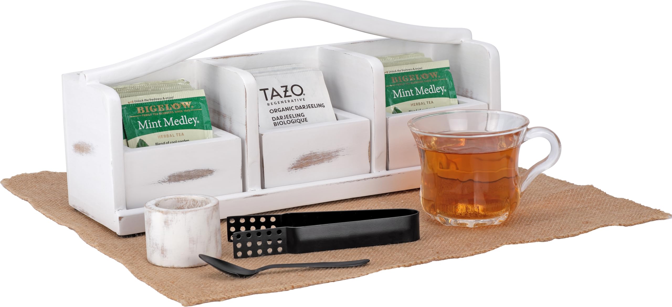 Wooden Tea Bag Organizer | Farmhouse Finish | 3-Compartment Storage | Countertop | Accessories: Tea Bag Squeezer, Natural Jute Placemat, Tea Spoon, Wooden Napkin Ring
