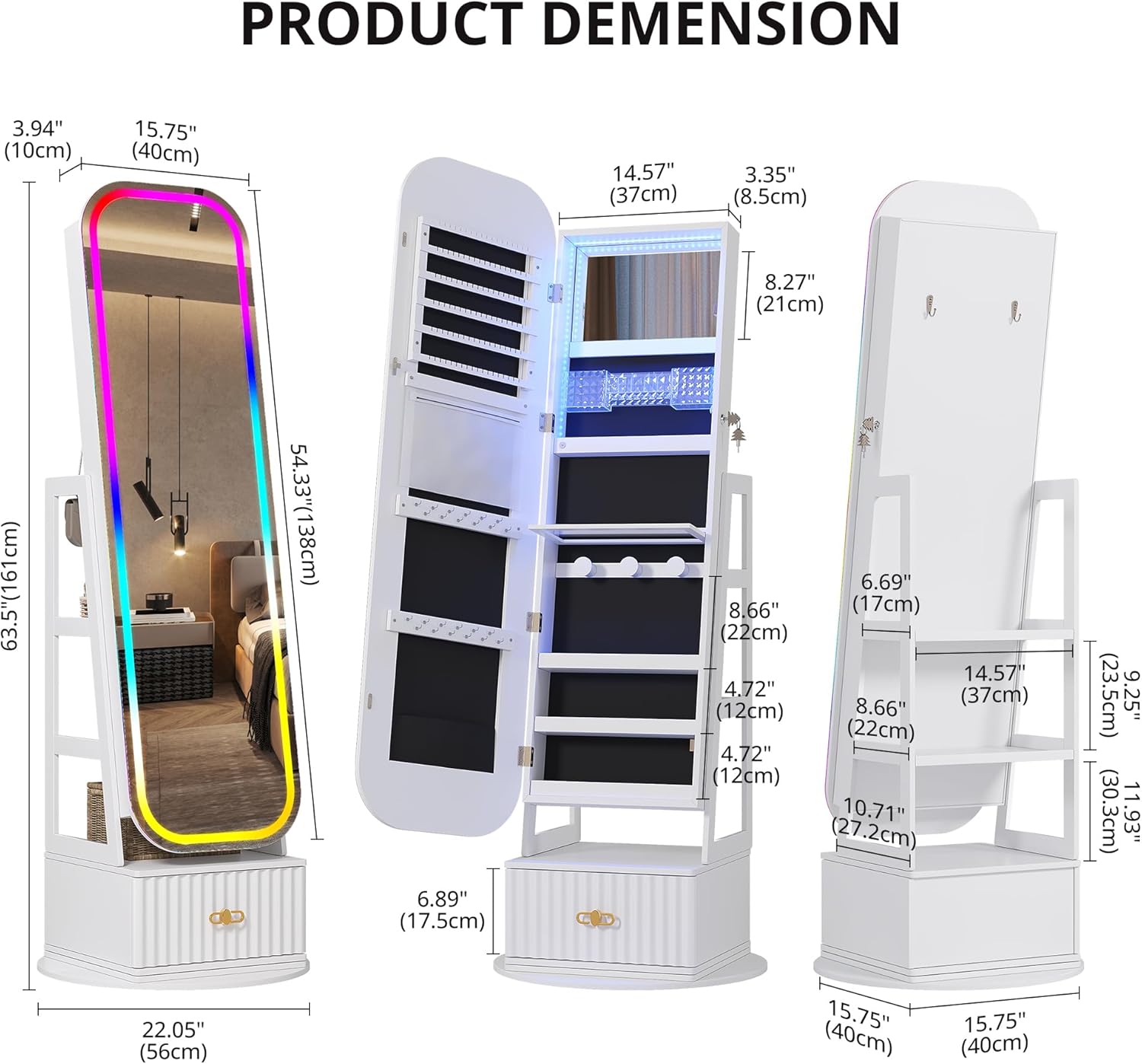 360° Swivel Jewelry Cabinet with Lights - RGB Vanity Mirror | Rotatable Full Length Mirror with Jewelry Storage, Standing Jewelry Armoire Organizer, Foldable Makeup Shelf, White (White 052) - Image 2