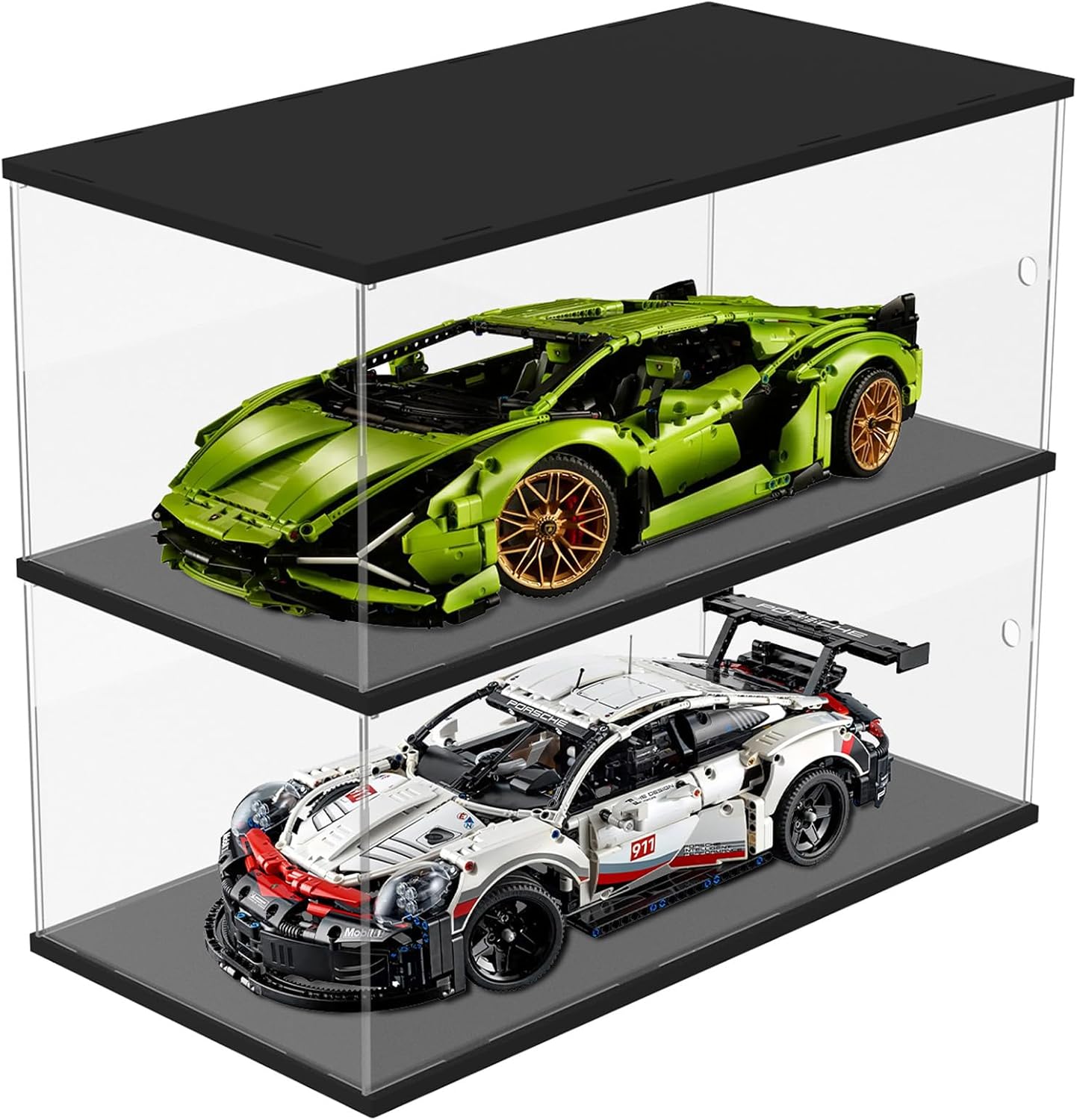 2-Shelves Acrylic Display Case for 1/8 Scale Model Car for Lego Technic Ferrari SF-24 F1 Model Car 42207, Lamborghini 42115, Large Display Box with Door Dustproof for Collectibles (25.5x12.5x19.2inch)