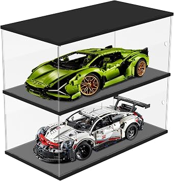 DuvinDD 2-Shelves Acrylic Display Case for 1/8 Scale Model Car Collectibles | for Lego Technic Ferrari SF-24 F1 Car 42207, Lamborghini 42115, Large Display Box with Door Dustproof 25.5x12.5x19.2inch