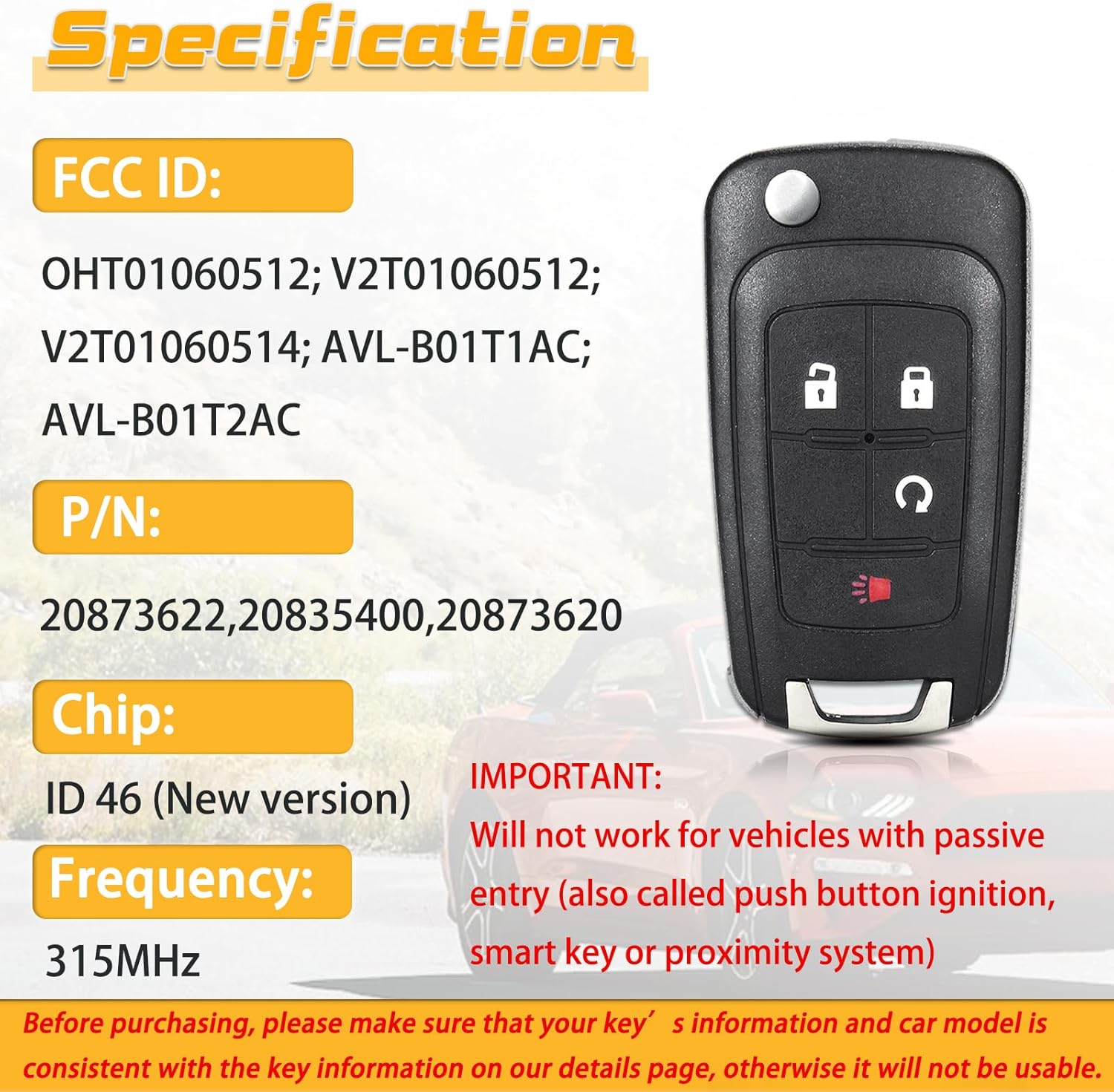 Flip Car Key Fob Replacement Fits for 2010-2019 GMC Terrain/14-18 Buick Encore/10-19 Equinox/16-19 Impala/12-17 Sonic OHT01060512, V2T01060512, 2 Pcs