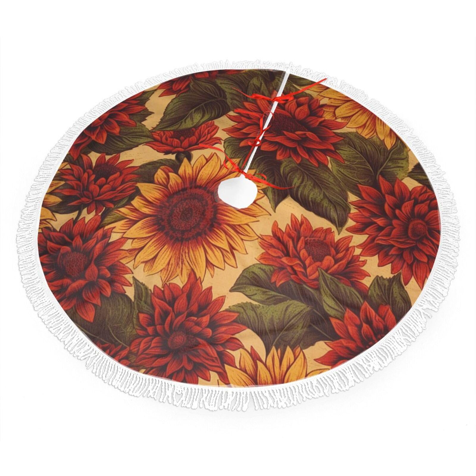 Red Sunflower Christmas Tree Skirt 48", Soft Plush Xmas Tree Carpet with Tassel Christmas Ornaments Winter Holiday Tree Mat Decoration for Home Party Supplies