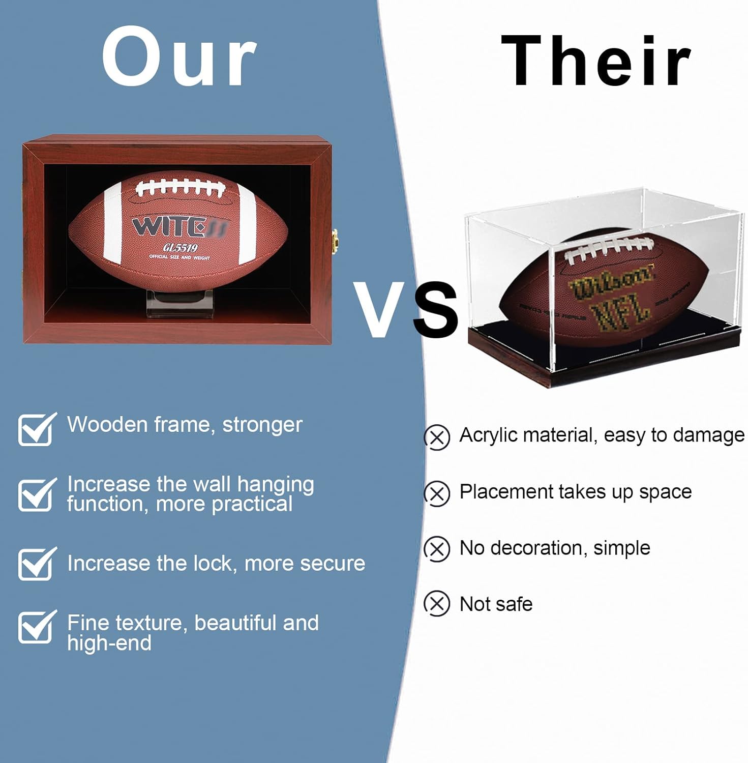 Football Display Case Wall Mount Lockable Clear View Full Size Anti Fade UV Protective Acrylic Door Wooden Signed Memorabilia Football Box Shelf Holder-Double Ball (Single Ball Cherry)
