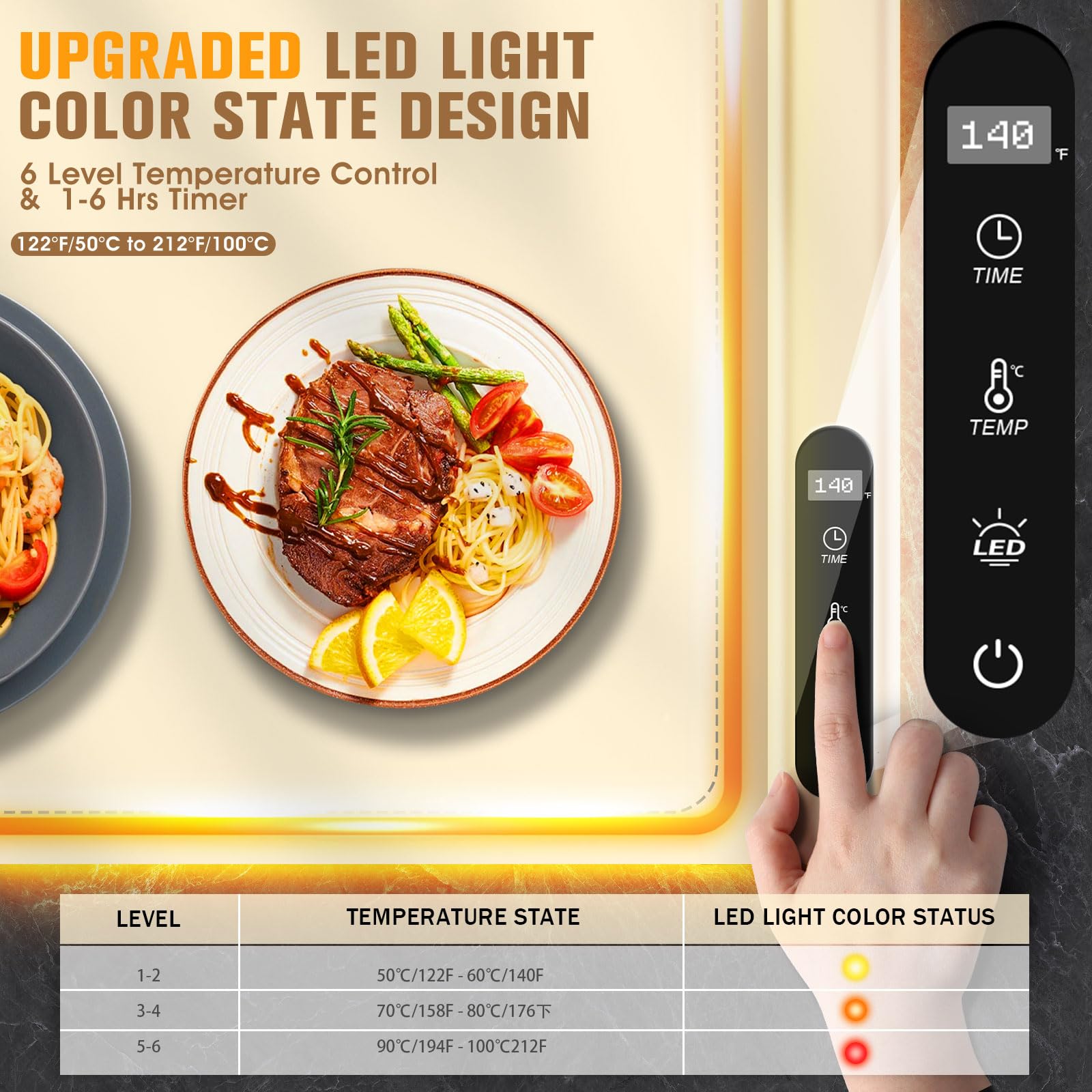 KingSom Warmhalteplatte Elektrisch mit Licht, Faltbare Speisenwärmer, Einstellbarer Temperatur 50-100°C & 1-6H Timer, Faltbare Silikon & Schnelle Erwärmung, Wärmeplatte Essen für Buffet,Familienfeiern
