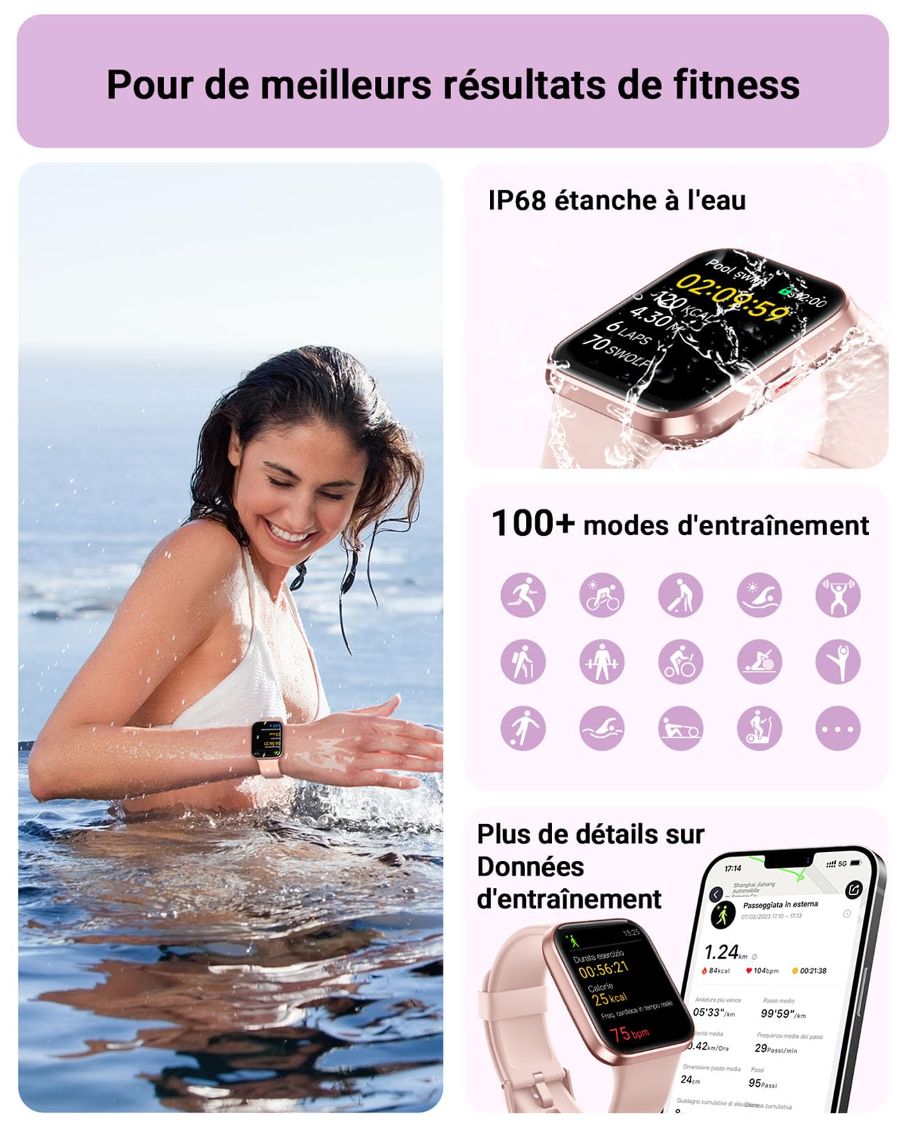 Montre Connectée Femme, 1,85" Homme Smartwatch pour Samsung iPhone Android, Alexa intégrée 3ATM 100+ Modes Sportifs Moniteur de SpO2/Sommeil/Fréquence Cardiaque/Podometre/Calories Rose
