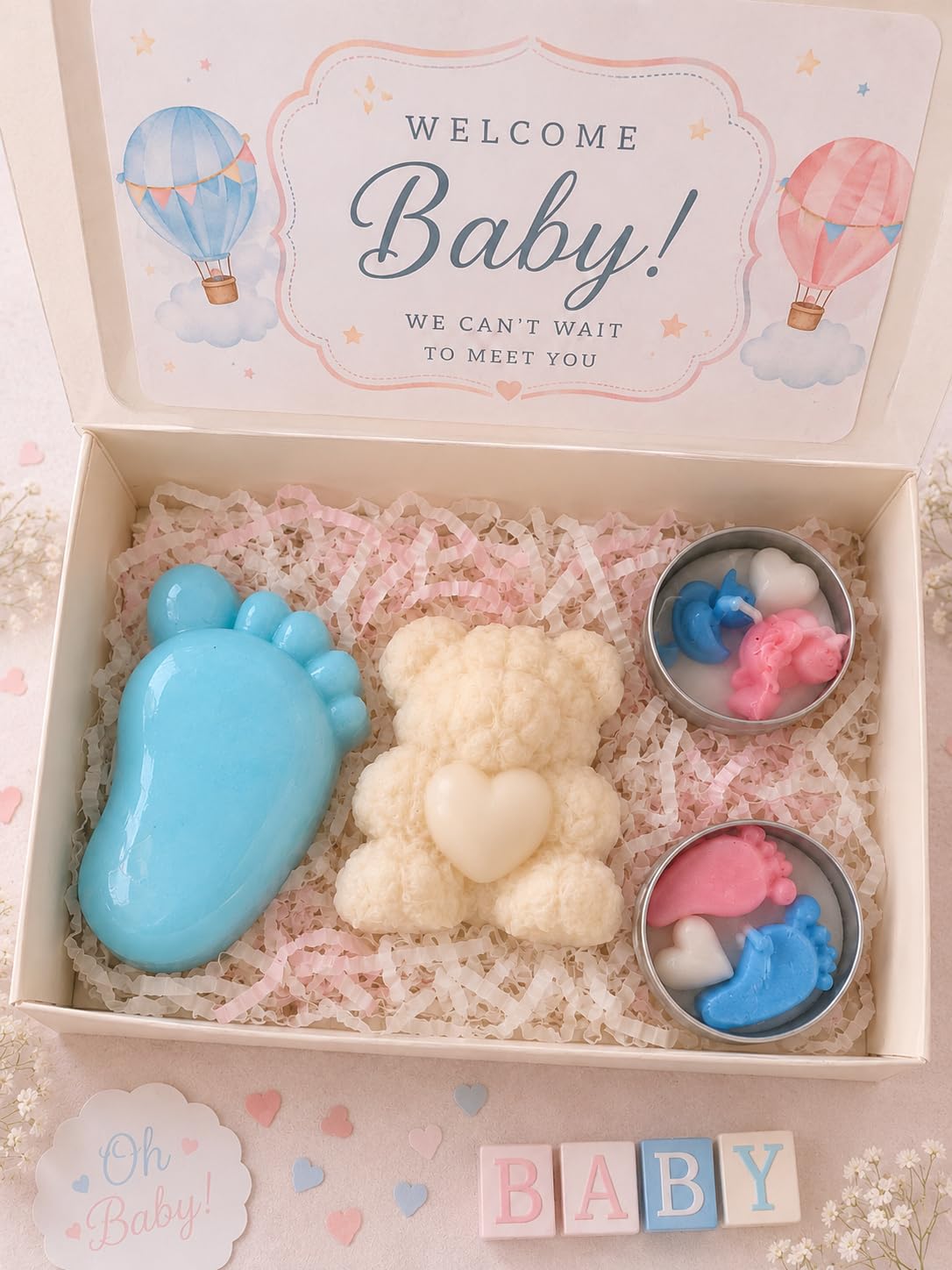 divine senses Hamper Set for Newborn Return Gift for Baby Shower, Naming Ceremony (Blue & Pink Theme) 1 Baby feet soap 1 Teddy Bear Candle 2 Tea Lights-image-33