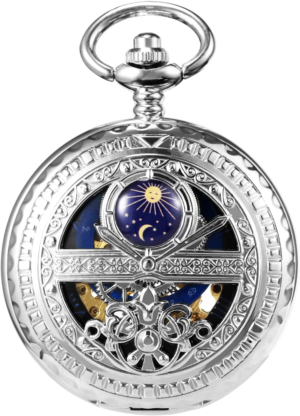 TREEWETO Men's Mechanical Roman Numerals Dial Sun and Moon Skeleton Pocket Watches with Box and Chains for Mens Women Black Bronze Gold Silver