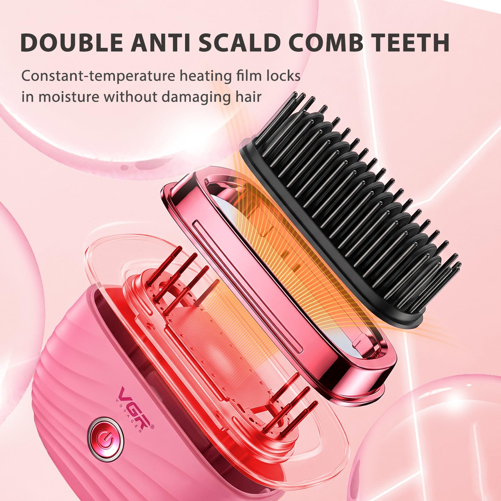VGR 587 Spazzola Lisciante Senza Fili, Mini Spazzola Per Stiratura Capelli Con 2 Temperature Fino A 180°C, Ricarica USB, Denti Anti Scottatura, Con Borsa Per Il Trasporto Per Viaggi E Casa, Rosa