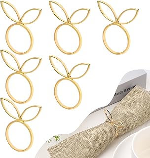 6pcs Easter Bunny Napkin Rings, Golden Rabbit Ear Napkin Rings Holder Metal Round Serviette Rings Cute Easter Napkin Buckle Dining Table Decoration for Easter Dinner Weddings Party