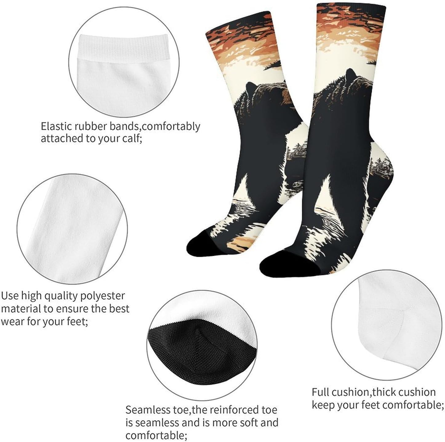 Breathable Sports Socks, Moisture Wicking, Lightweight Crew Socks | Bear Silhouette Athletic Calf Socks for Women Men, Casual, Anti-Slip, Multifunctional Work Socks