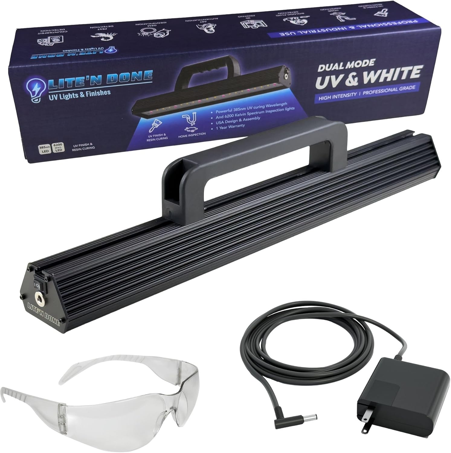 PRO UV Resin Curing Light, 385 nm UV-A with Bright White 6200K Inspection Mode - Made in USA - Higher Power & Wider Coverage for Furniture, Cabinets & Countertops - 120V