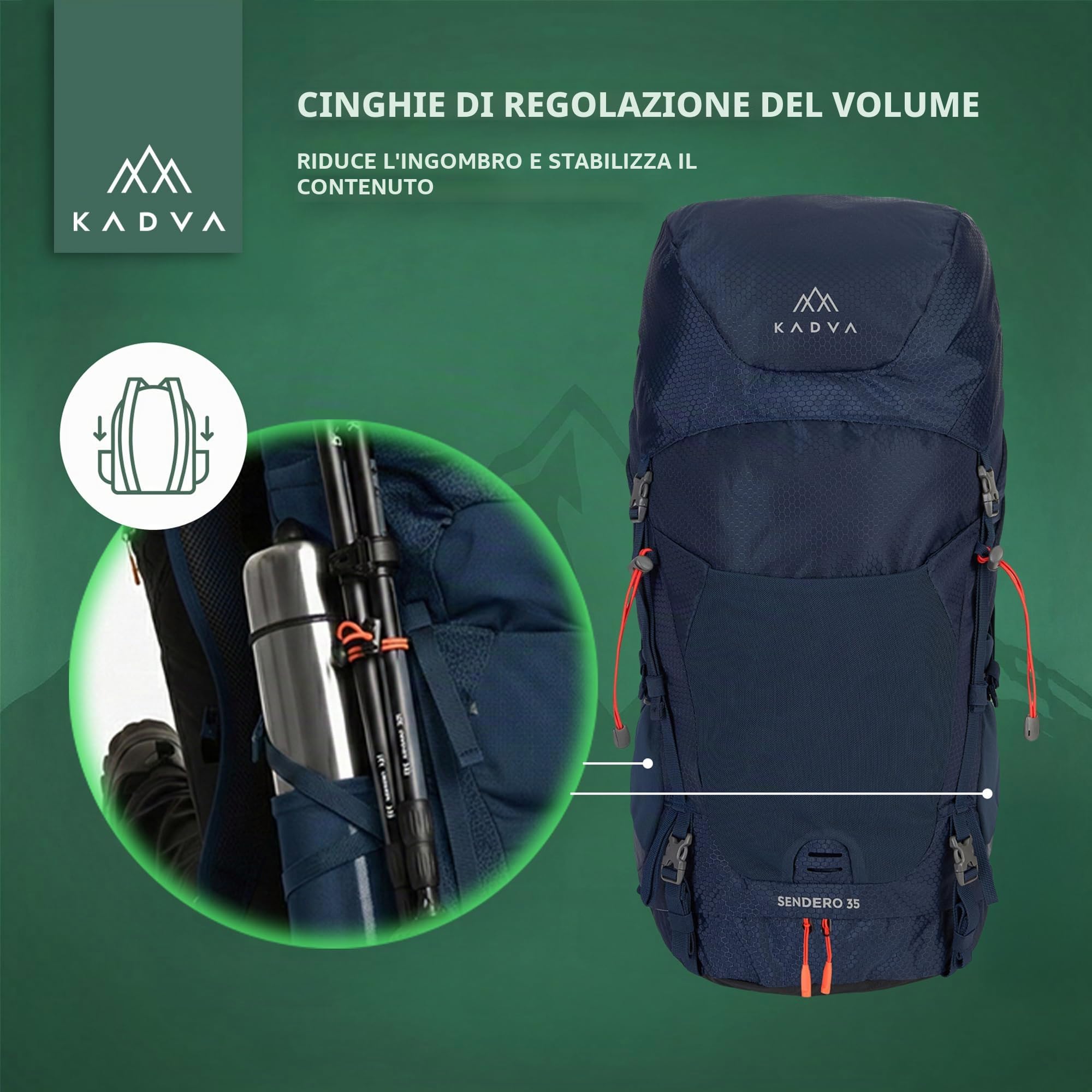 KADVA Zaino da trekking Sendero 35 l, sistema di trasporto Windspir, ventilazione e peso leggero, idrofobiatura, cinghie regolabili in vita e sul petto, dettagli riflettenti, cinghie inferiori
