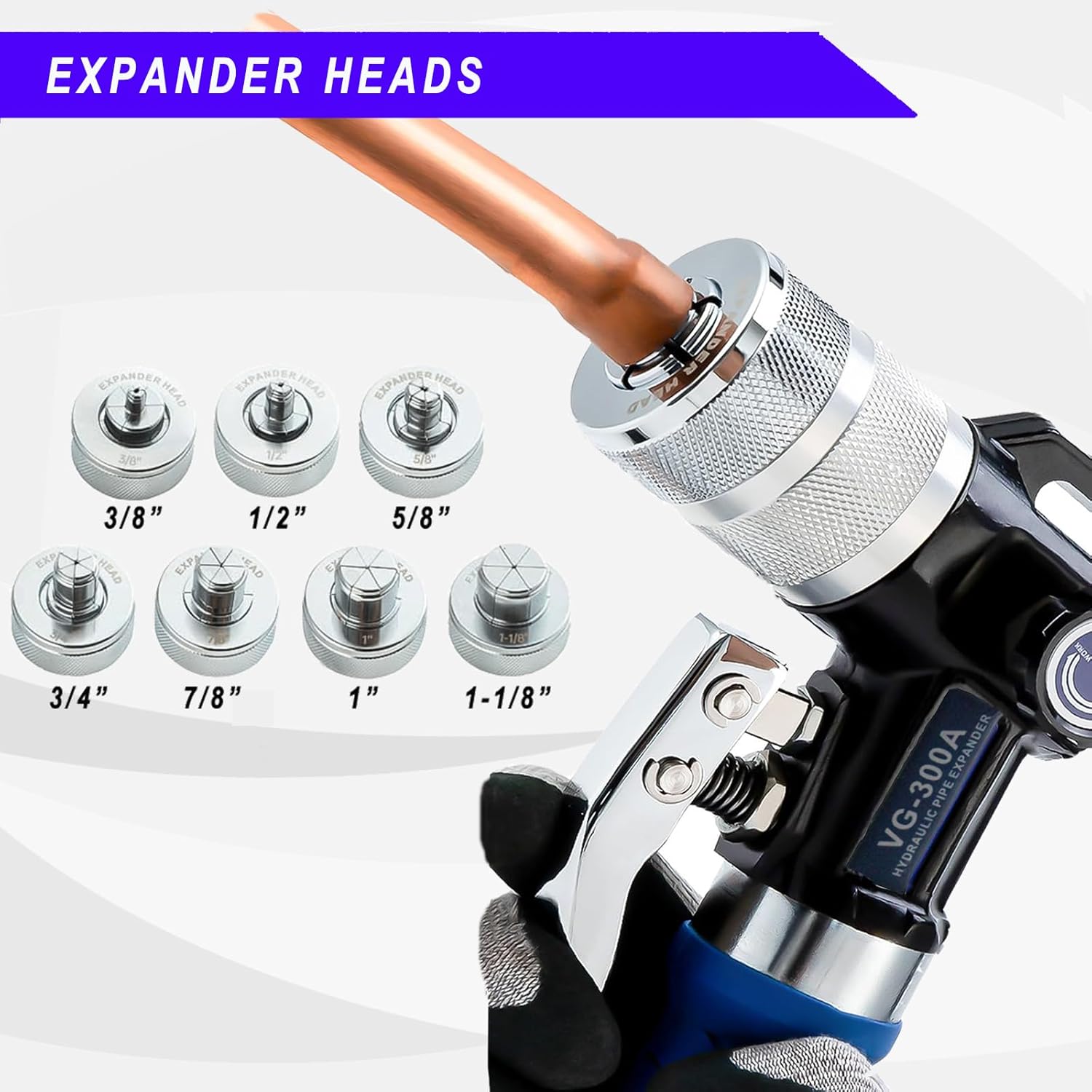Bangoo Copper Tube Expander Hydraulic Pipe Swaging & Expanding Tool Kit 3/8" to 1-1/8" with 7 Heads Kit (VG-300A)