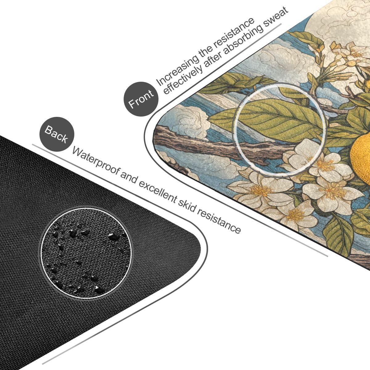ALAZA Lemon Floral Moon Wave Yoga Mat Non Slip Fitness Exercise Mat, Workout Mat for Yoga, Pilates and Floor Exercises