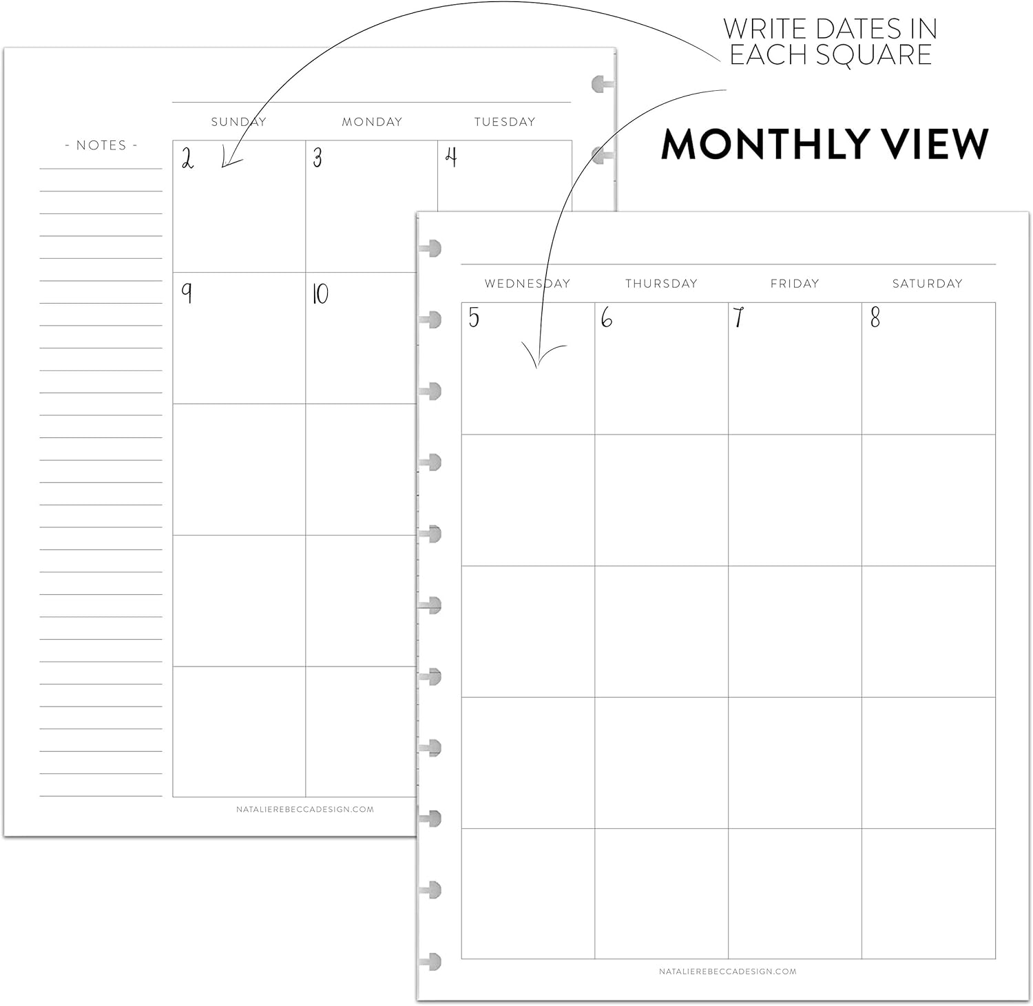 BetterNote Vertical Undated Calendar Refill Pages for Discbound Notebooks like Happy Planner, Levenger Circa, Staples Arc, TUL, InkWell Press, Talia (Classic- 6 Months, 9-Disc, 7"x9.25")