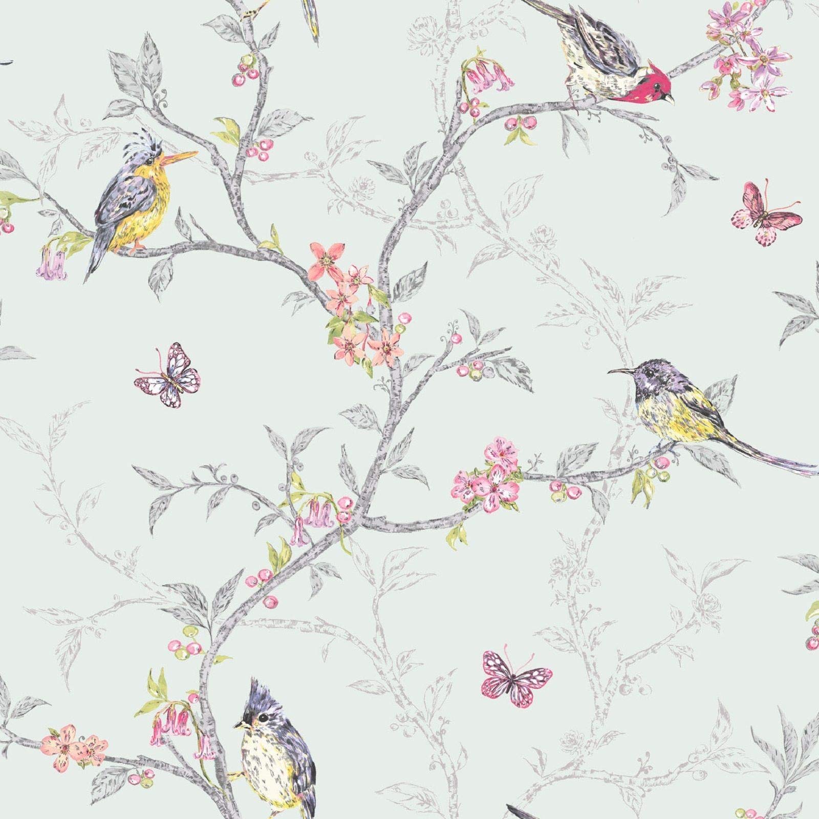 Yöl Teal Soft Colourful Birds Trees Floral Butterfly Wallpaper