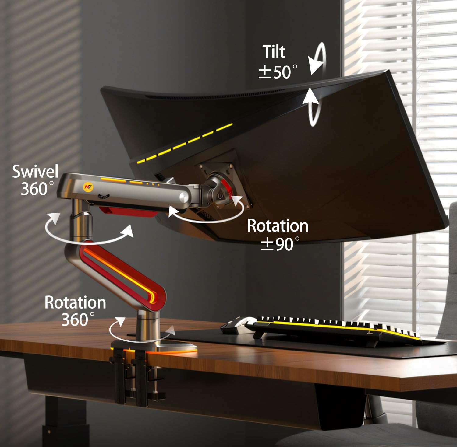 NB Ergonomic Lourd Support Ecran PC pour Jusqu'à 60 Pouces Ultralarge Moniteur, Bras de Moniteur Charge Maximale de 20 kg, VESA 75/100 mm (Rouge)