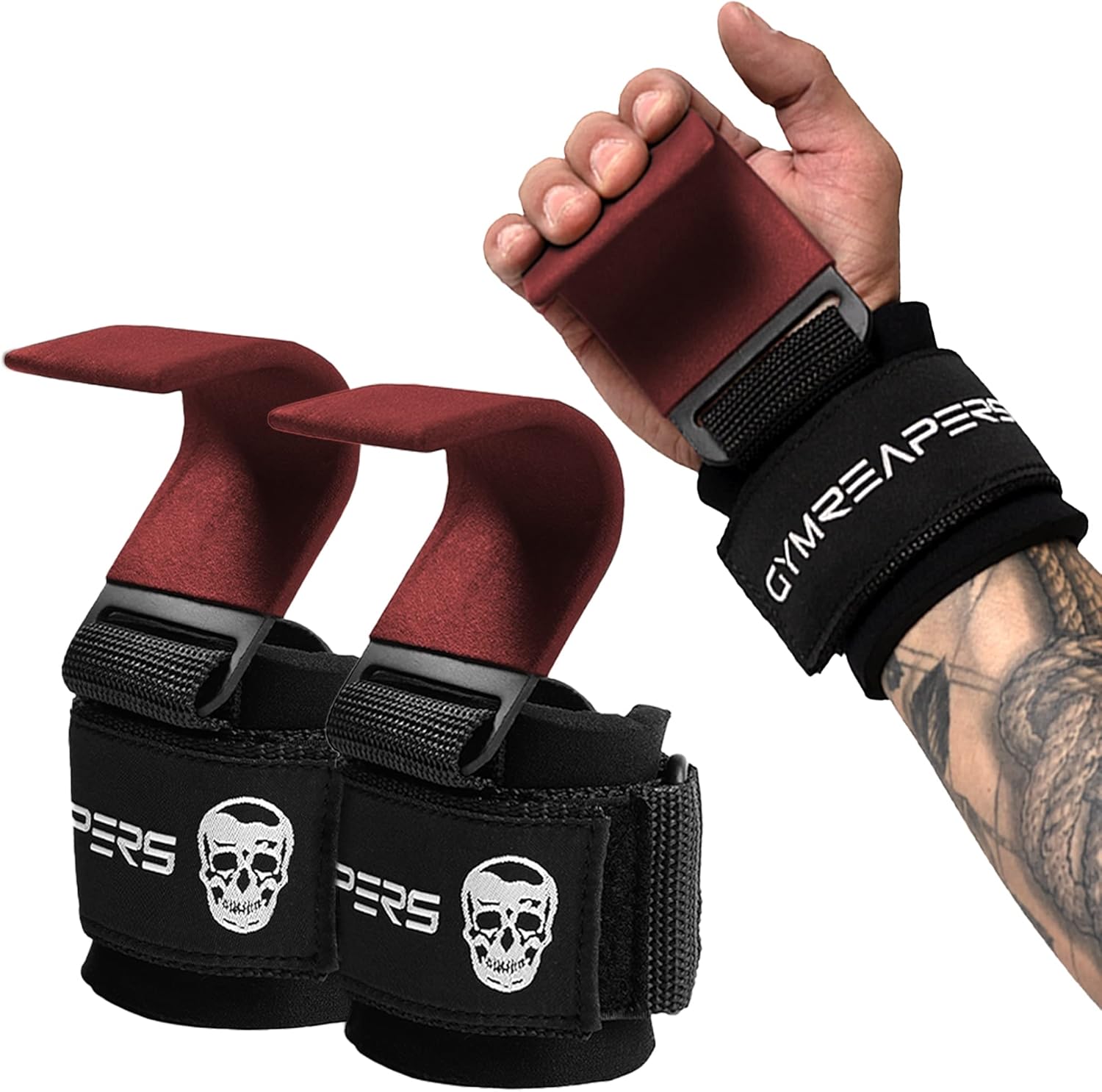 Gymreapers Weight Lifting Hooks (Pair), Heavy Duty Power Wrist Straps Hand Grip Support for Deadlifts, Pull Ups, Shrugs - Gym Gloves for Men and Women (Red) : Sports & Outdoors