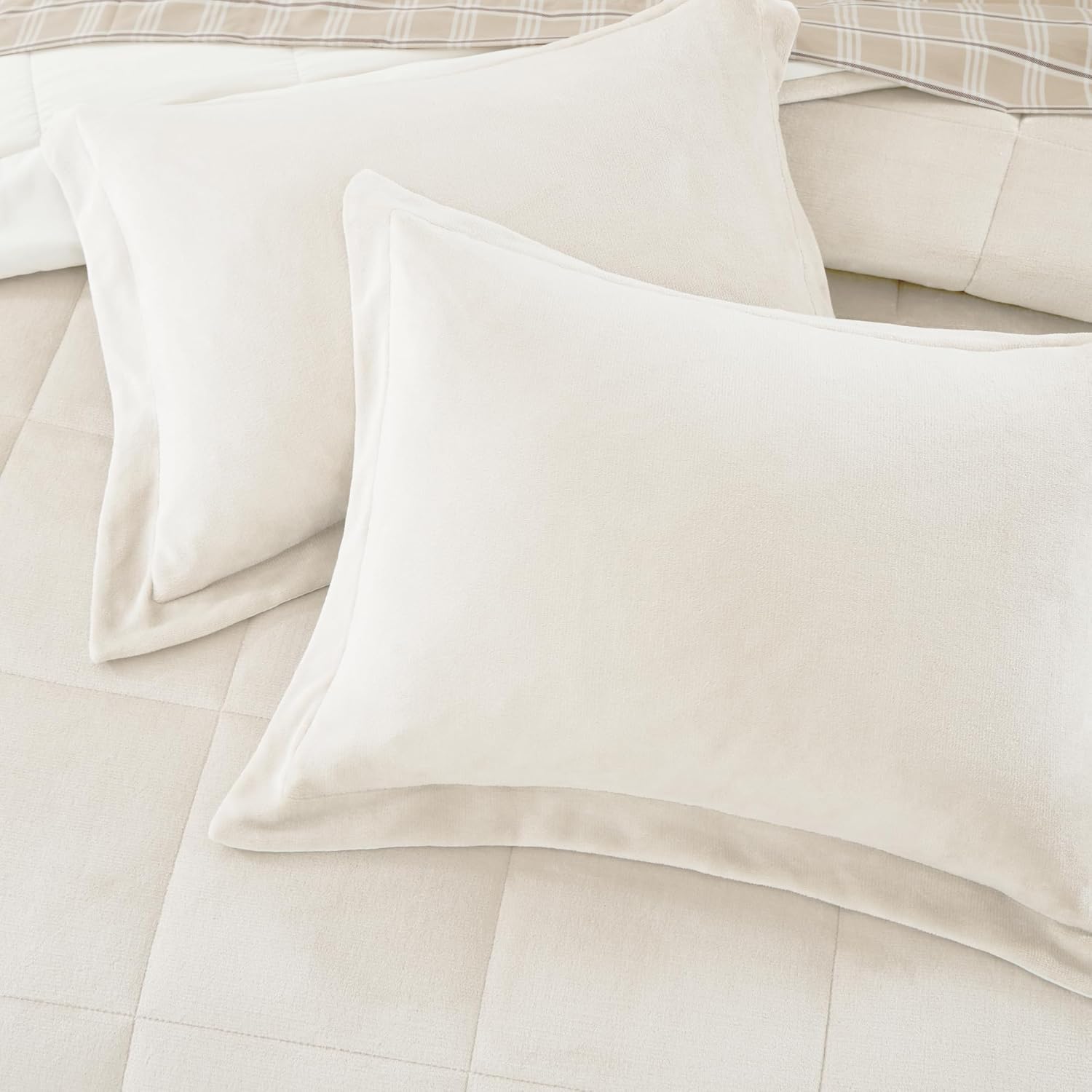 AMBERSPACE Plush Comforter Set Full Size Cream White, Flannel Velvet Comforter Sets 7 Pieces Bed in a Bag, Soft Warm Winter Bedding Set with Sheets, Pillowcases & Shams