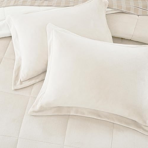 Miniatura 6 de Juego de edredón de felpa tamaño Queen, color blanco crema, juego de edredón de franela de terciopelo de 7 piezas en una bolsa, juego de ropa de