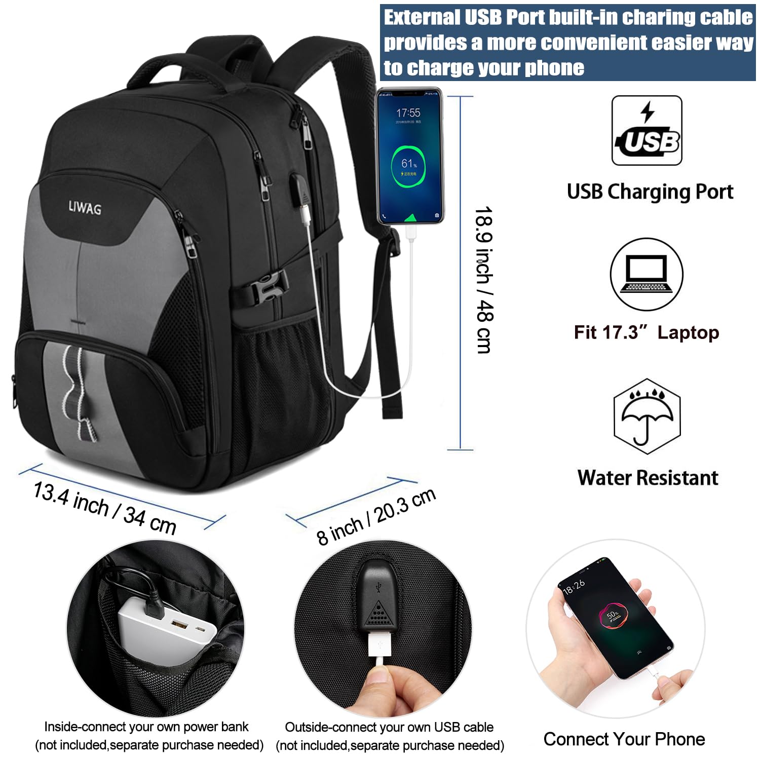 Zaino Uomo 17 Pollici Grande 50L Impermeabile Zaino Porta PC Lavoro Antifurto Zaino Laptop Computer Notebook Borse Zaini per PC Portatili con Caricatore USB per Viaggio Ufficio Scuola Regalo - Grigio