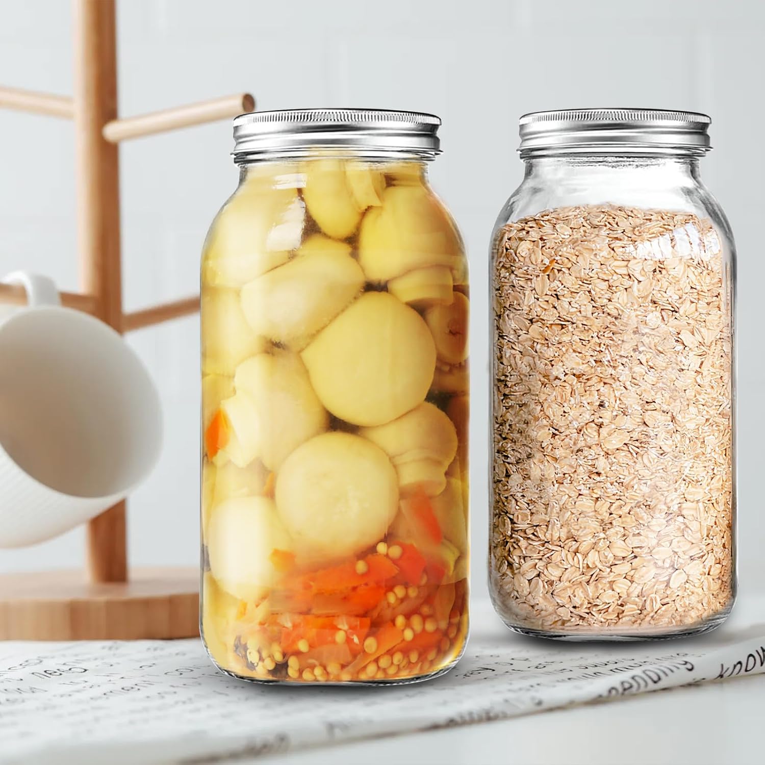 64 OZ Wide Mouth Mason Jars with Lids, Heavy Duty Glass Airtight Storage Canning Jar and Band Half Gallon / 2 Quart, Set of 3