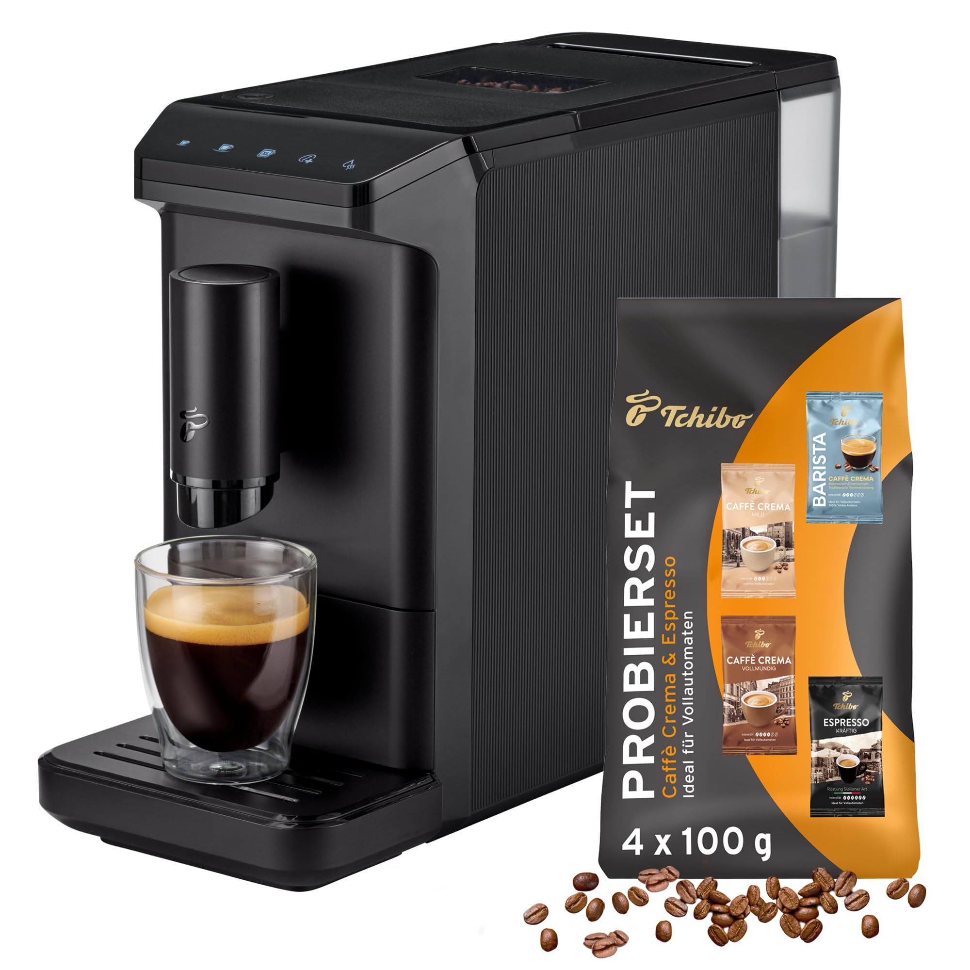 Tchibo Esperto Mini Fully Automatic Coffee Machine for Caffè Crema and Espresso, Only 16 cm Wide, Small and Compact, Suitable for Any Kitchen, Camping, Student Apartment, Black - Includes Coffee Tasting Set