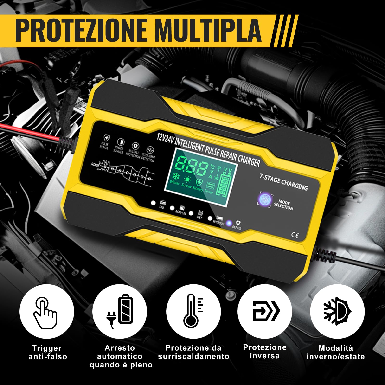 YDBAO Caricabatteria Auto di Carica 10A 12V/24V Caricabatterie Auto Moto con Schermo LCD Touch Multi Protezioni 5 Modalità di Ricarica Caricabatterie per Auto Moto AGM