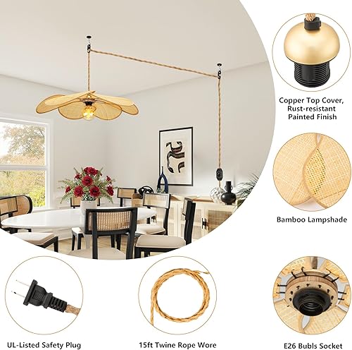 Miniatura 5 de Lámpara colgante de bambú para enchufar, pantalla de ratán tejida a mano con flores de 24 pulgadas, lámpara bohemia regulable sin escalones, lámpara