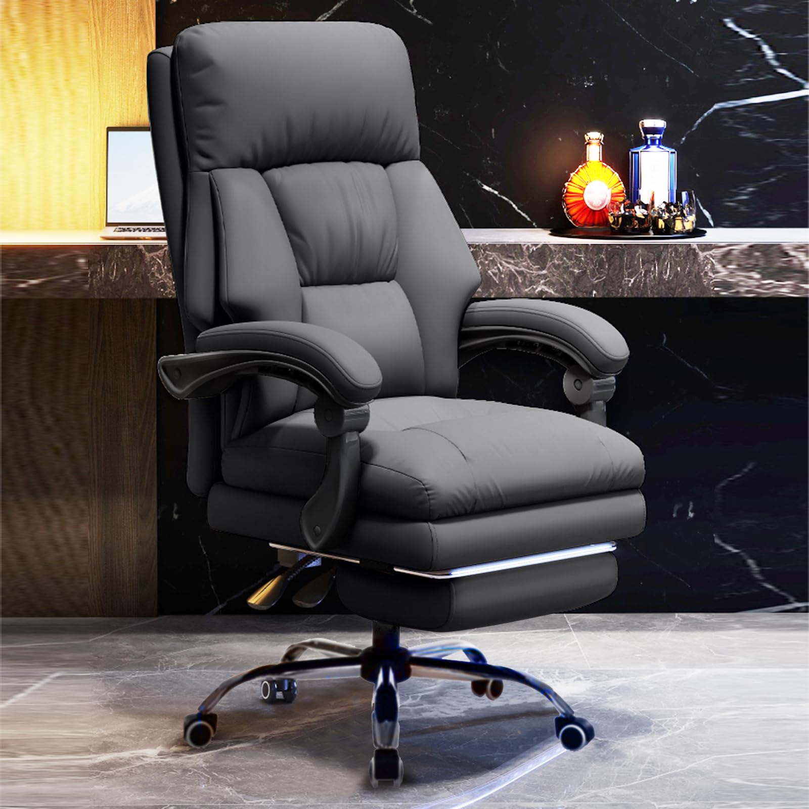 Executive Office Chair Comfortable Desk Chairs with Foot Rest High Back Computer Gaming Chairs Reclining PU Leather Work Chair for Home Office, Grey